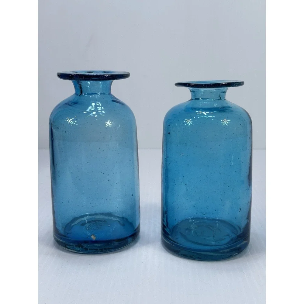 Vintage Hand Blown Blue Glass Vase Made In Mexico Bubbles In The Glass